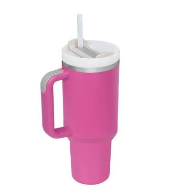 40oz insulated pink stainless steel tumbler with handle, spill-proof lid, and straw for hot and cold beverages.