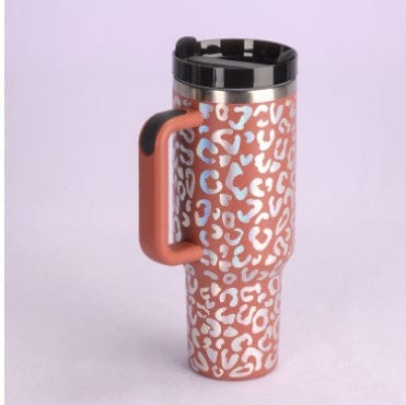 40oz insulated stainless steel tumbler with handle and spill-proof lid featuring a stylish leopard print design