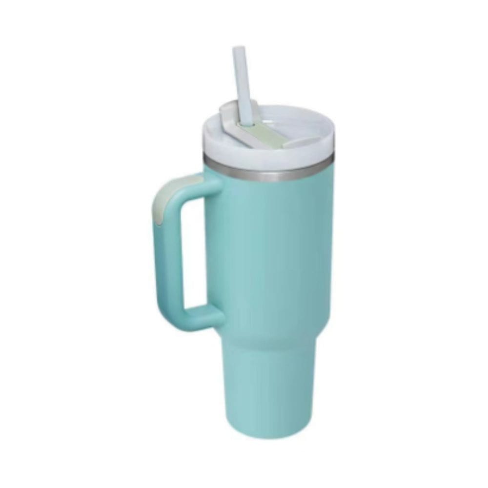 40oz insulated stainless steel tumbler with handle, spill-proof lid, and straw in light blue for hot and cold drinks.