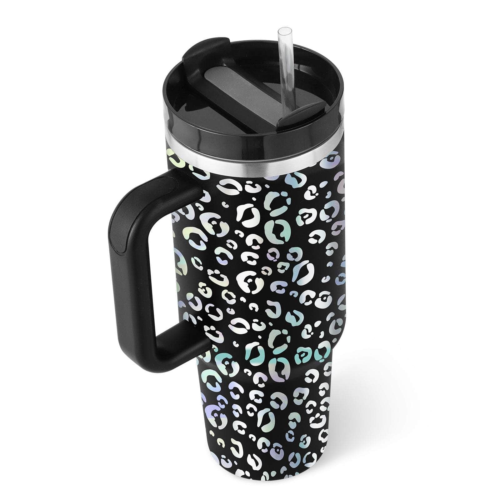 40oz insulated tumbler with handle, spill-proof lid, straw, and colorful leopard print design