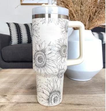 40oz insulated tumbler with handle and straw featuring black and white sunflower design, stainless steel spill-proof vacuum coffee cup with lid for car, gym, office, and travel use