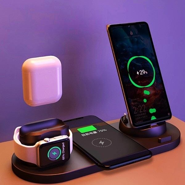 6 in 1 wireless charging dock station with fast charger for iPhone, phone, watch, and wireless earbuds
