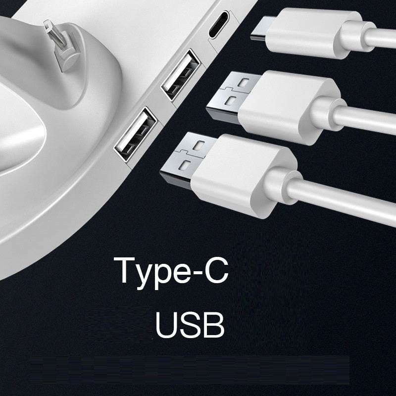 White multi-port wireless charger dock with USB and Type-C cables for fast charging devices