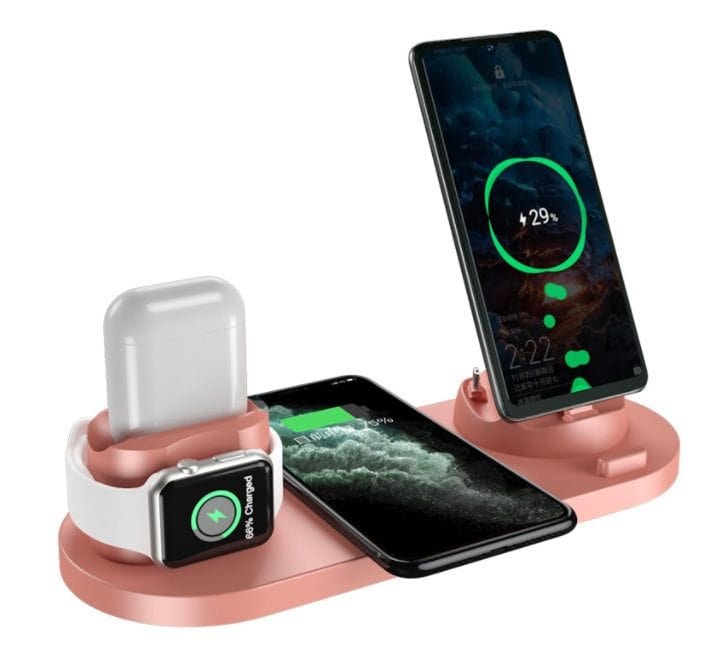 6-in-1 wireless charger dock station for iPhone, smartphones, smartwatch, and earbuds fast charging pad rose gold