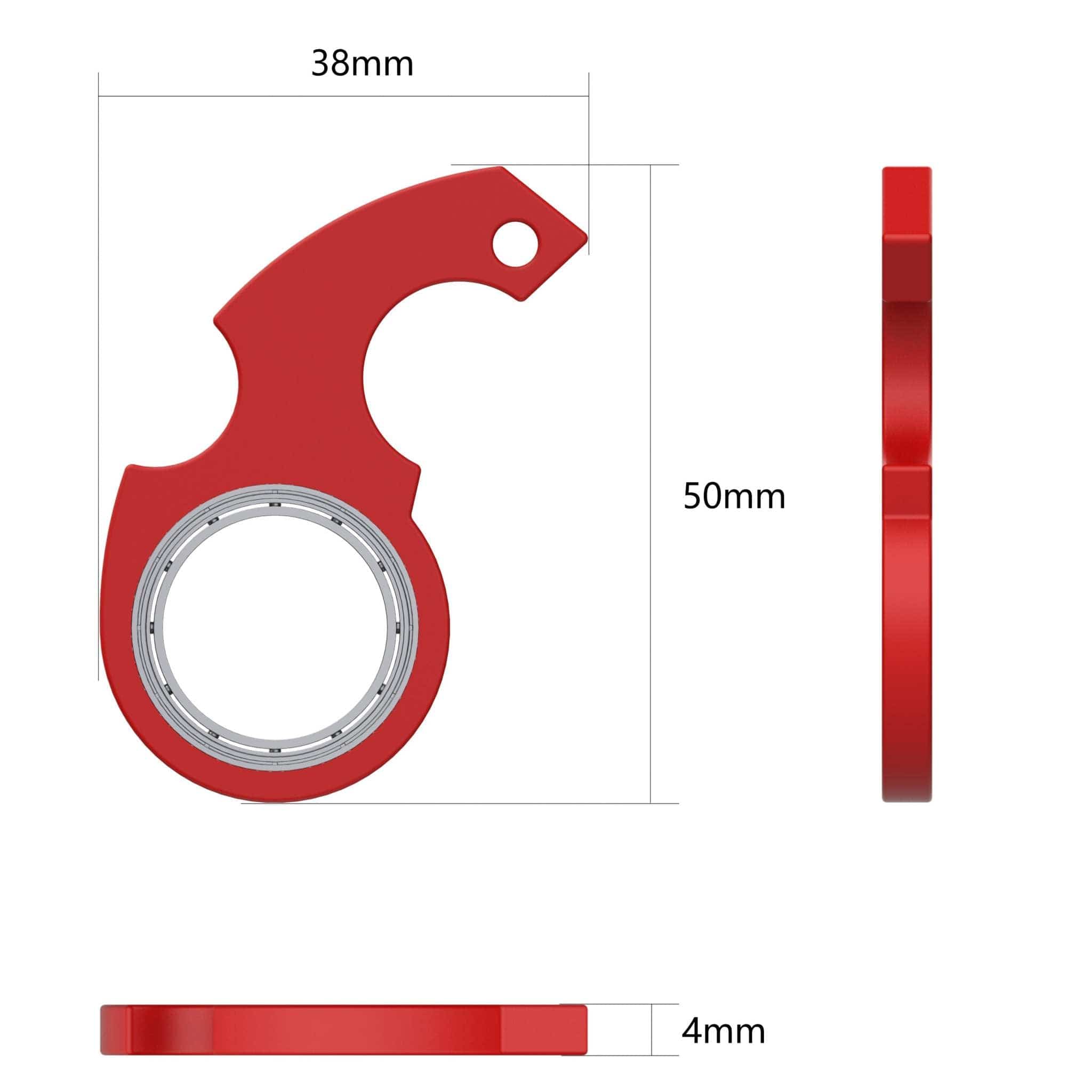 Red compact fidget spinner toy keychain with bottle opener, dimensions 50x38x4mm, for stress relief and anxiety.