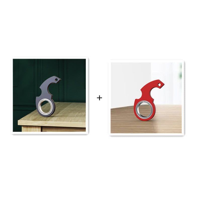 Creative fidget spinner toy keychain with bottle opener in black and red, designed for stress relief and anxiety.