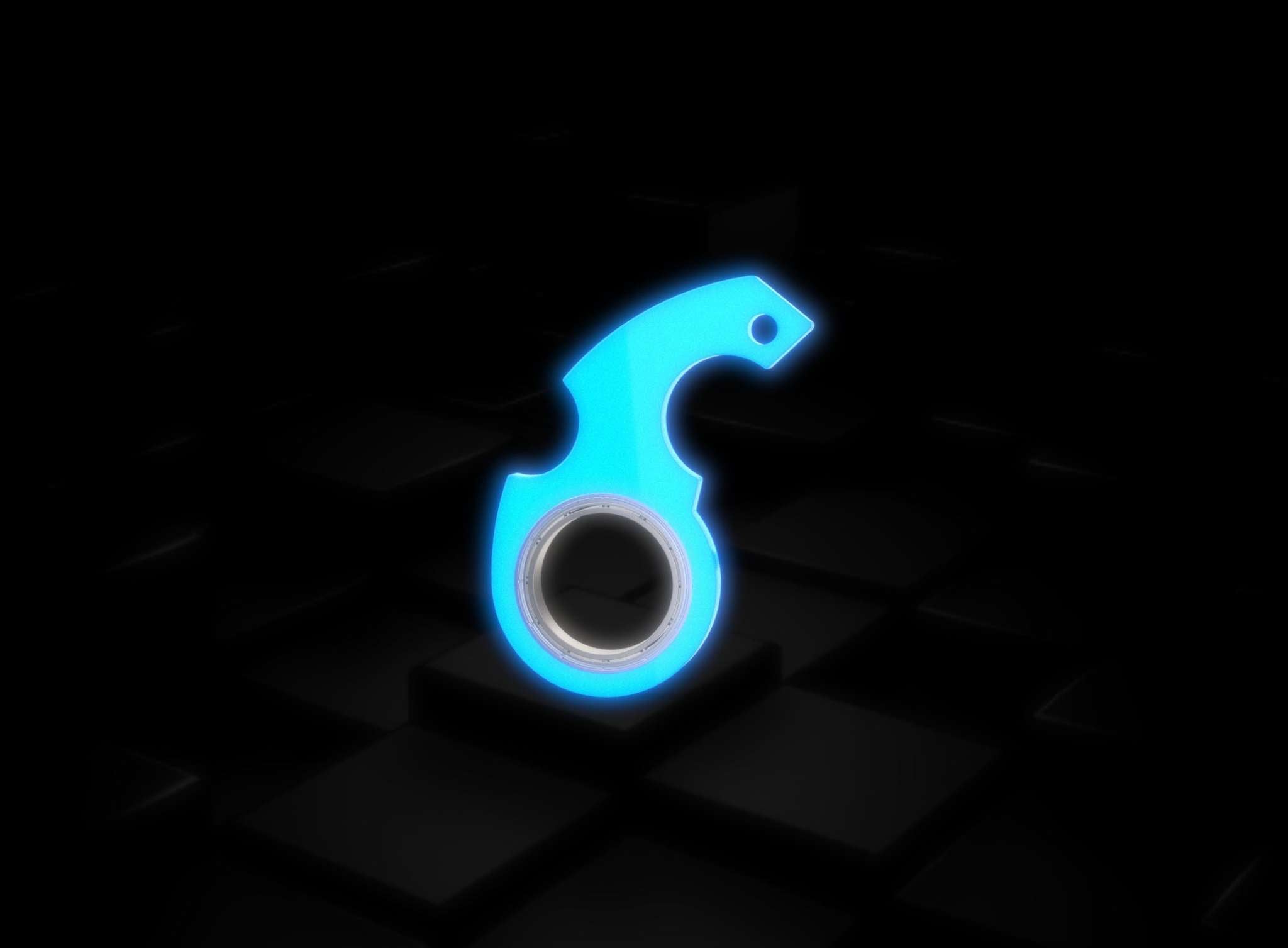 Blue glowing fidget spinner toy keychain with bottle opener on dark background