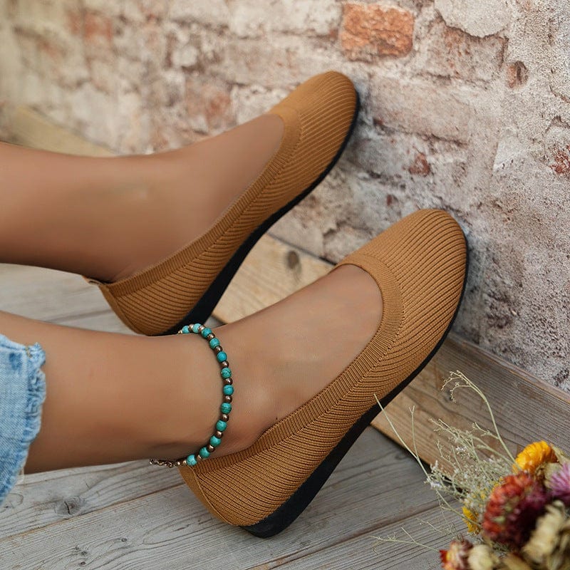 Brown round toe flats for women, casual soft slip-on knit mesh shoes with low flat heel