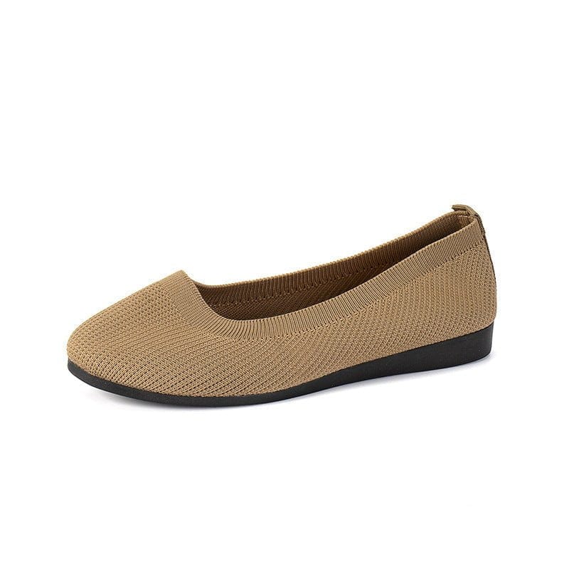 Brown round toe flats shoes for women, casual comfortable soft slip-on knit mesh design with flat rubber sole