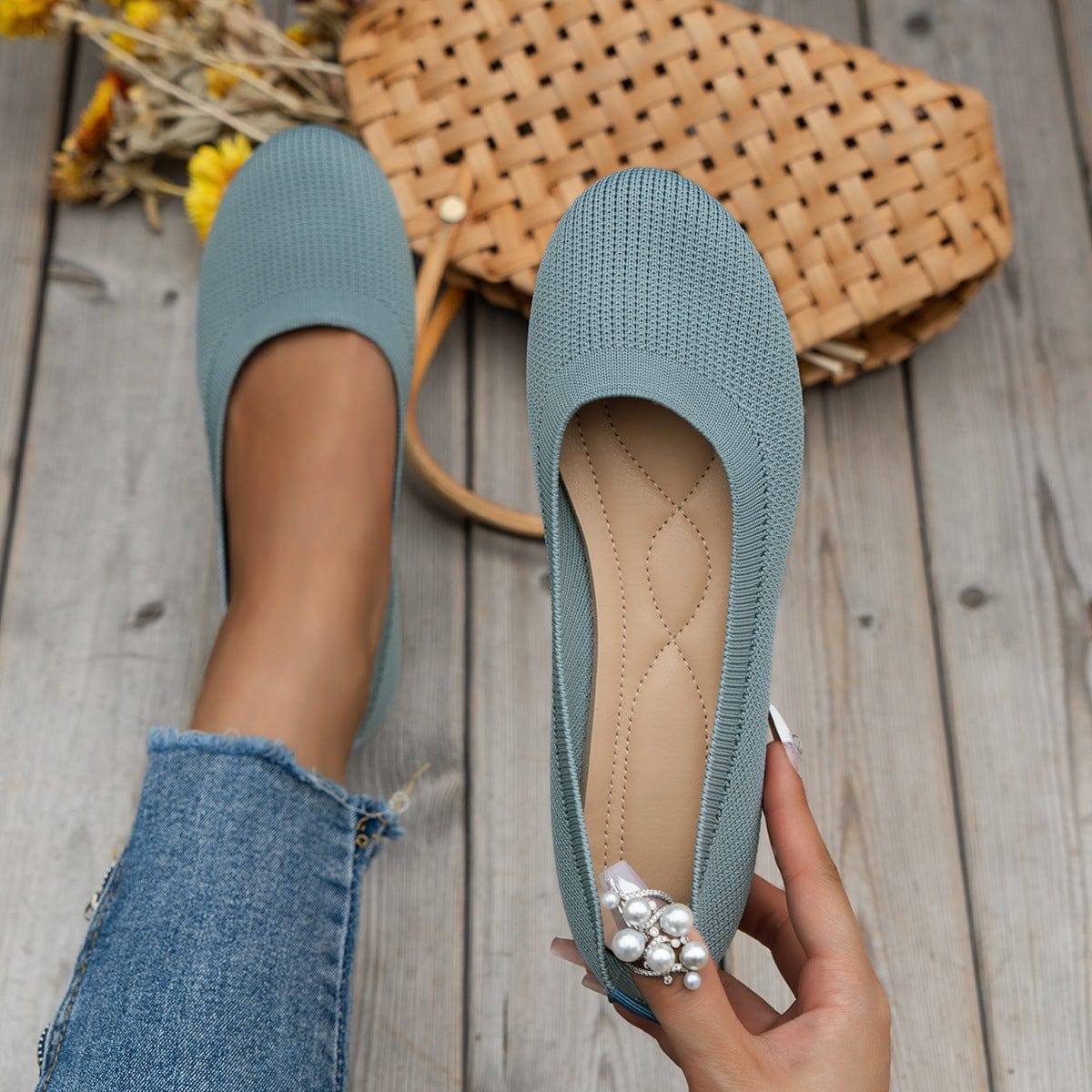 Light blue round toe flats with knit mesh upper and pearl embellishment, casual slip-on shoes for women