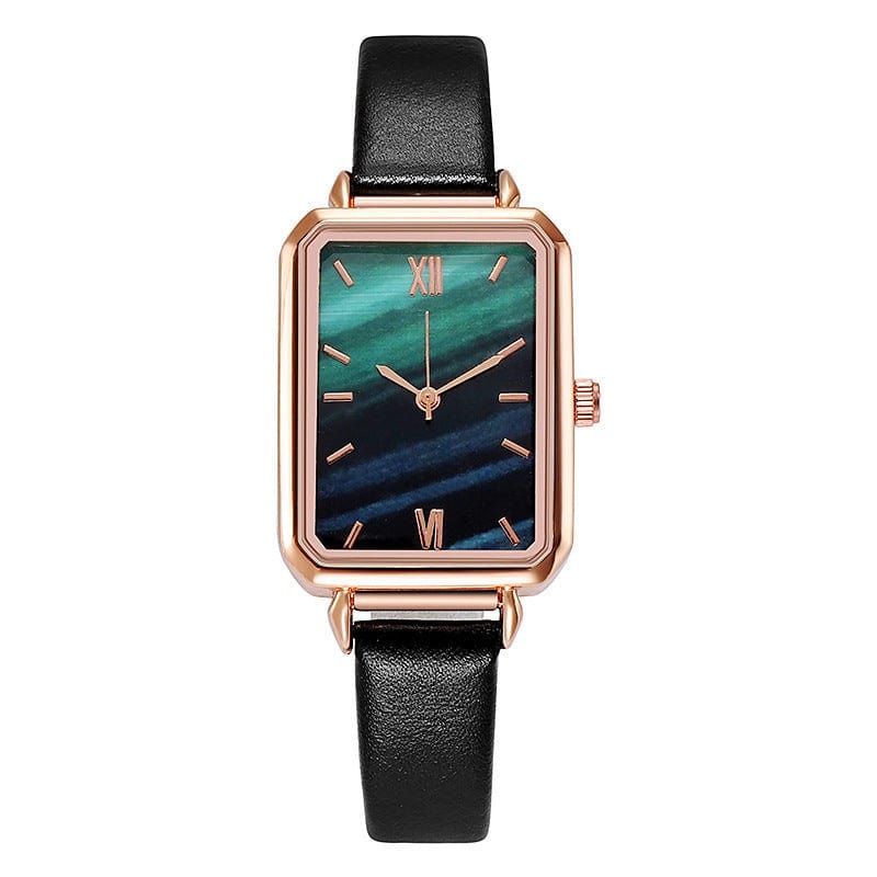 Retro green peacock design rectangular dial watch with black PU strap and rose gold stainless steel case.