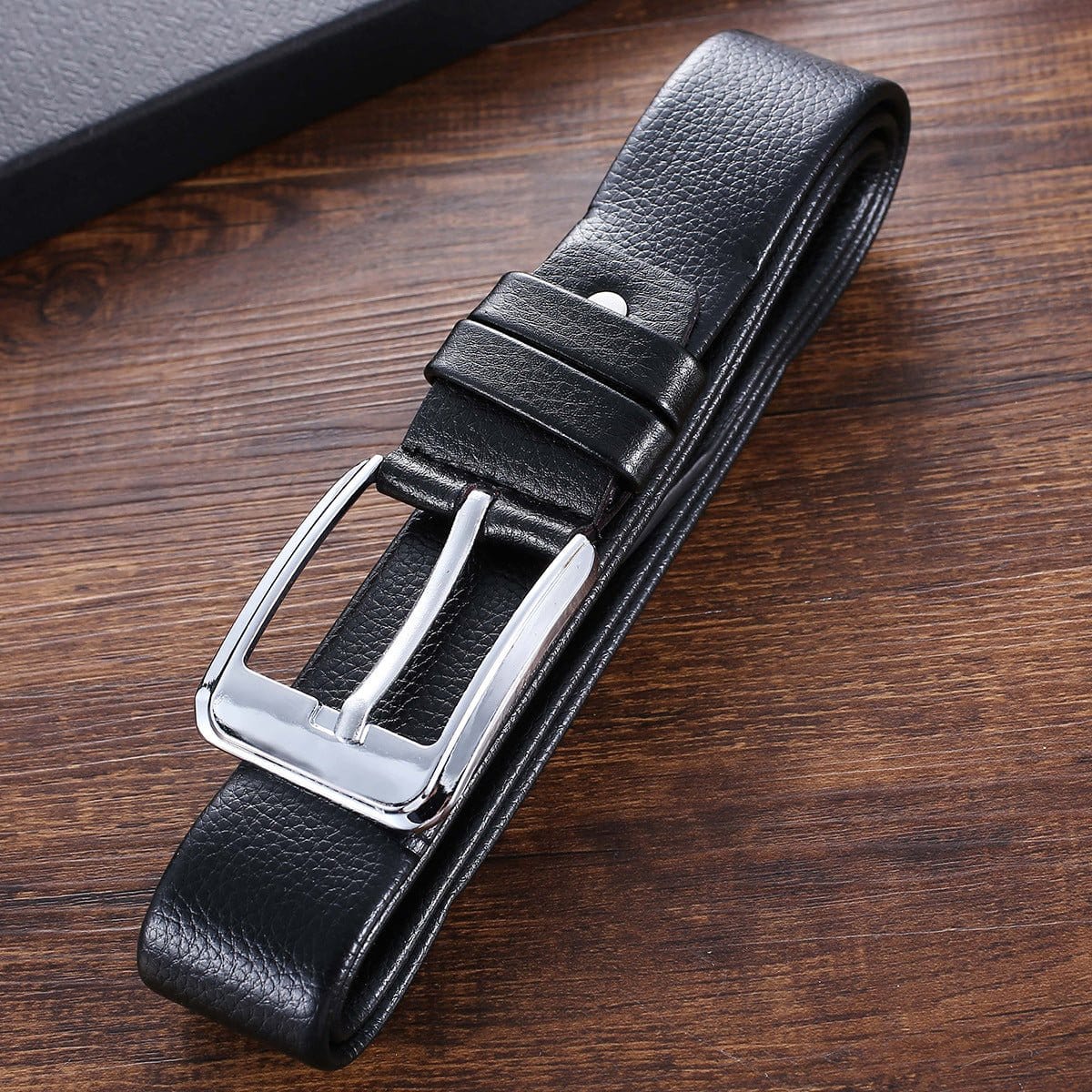 Black PU leather belt with silver buckle, part of men's fashion creative gift set