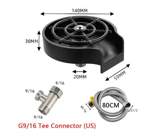 Black bar counter cup washer with high-pressure spray nozzle, 140mm diameter, 80cm water inlet pipe, and G9/16 tee connector for kitchen and bar use