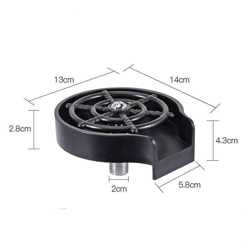 Black bar counter cup washer sink with high-pressure spray and automatic faucet, compact dimensions for kitchen and bar use.