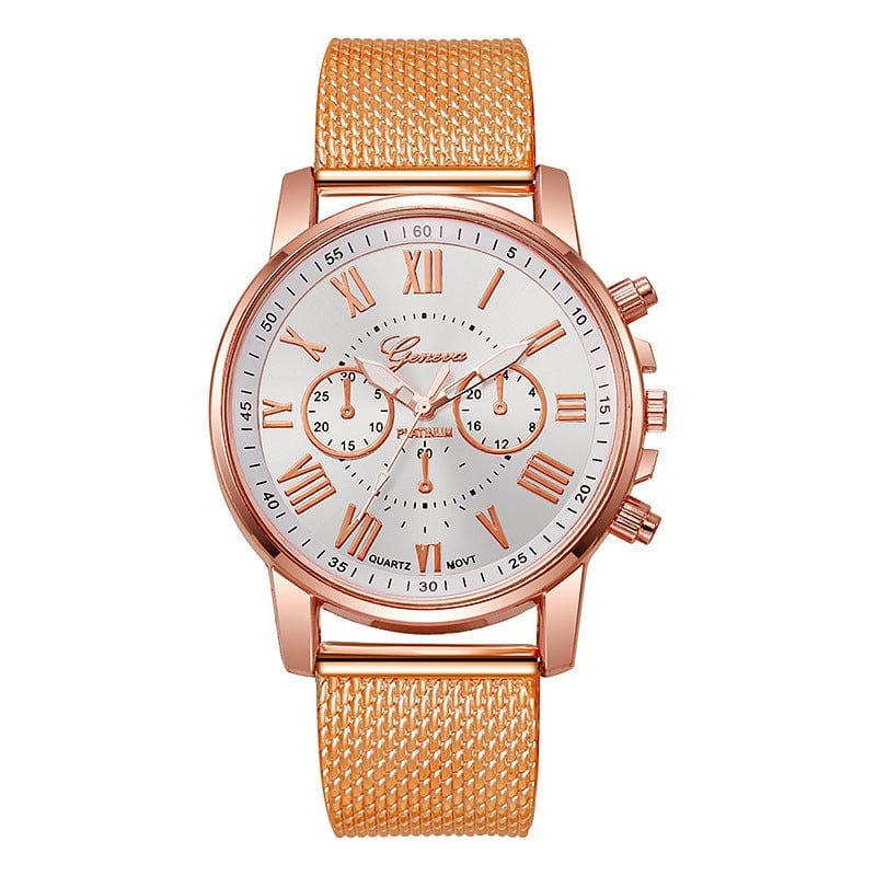 Women's fashion watch with rose gold mesh strap and white dial featuring Roman numerals