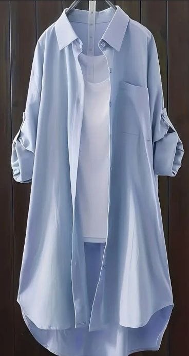Light blue solid patched pocket long sleeve button front shirt for women