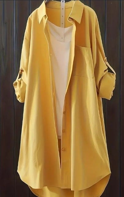Women's solid patched pocket mustard yellow long sleeve button-front shirt made of polyester blend