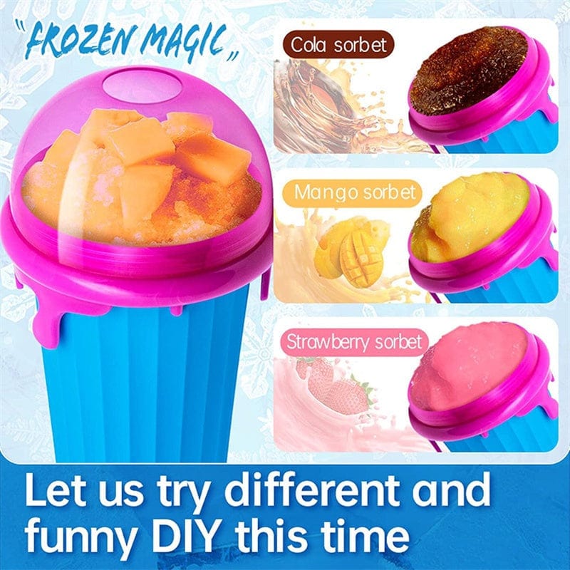 500ml large capacity blue silicone slushy cup with frozen mango, cola, and strawberry sorbet options for homemade smoothies and ice cream