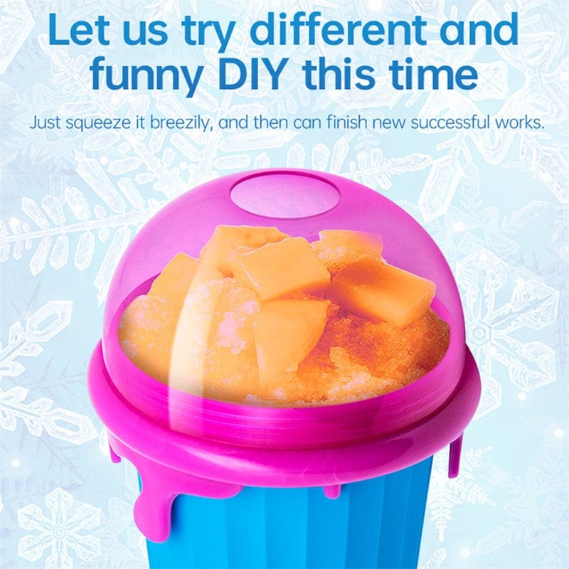 500ml large capacity slushy cup with purple silicone lid and orange frozen smoothie inside against icy background