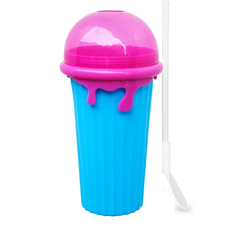 500ml large capacity slushy cup in blue with pink dome lid and white spoon straw for homemade smoothies and frozen treats