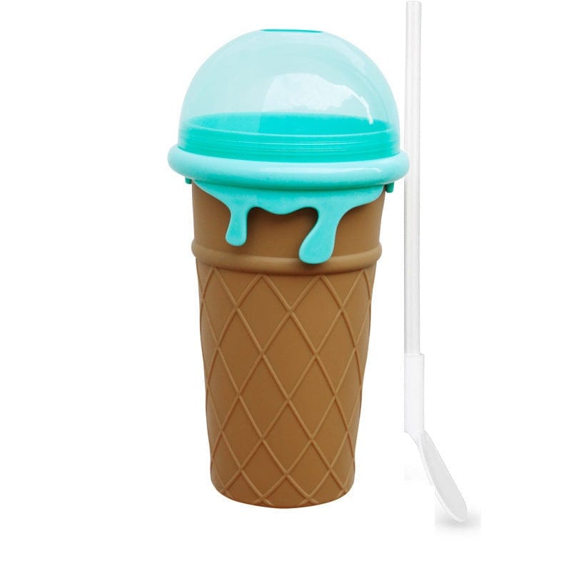 500ml large capacity slushy cup in ice cream cone design with blue silicone lid and white straw for homemade frozen smoothies and juices