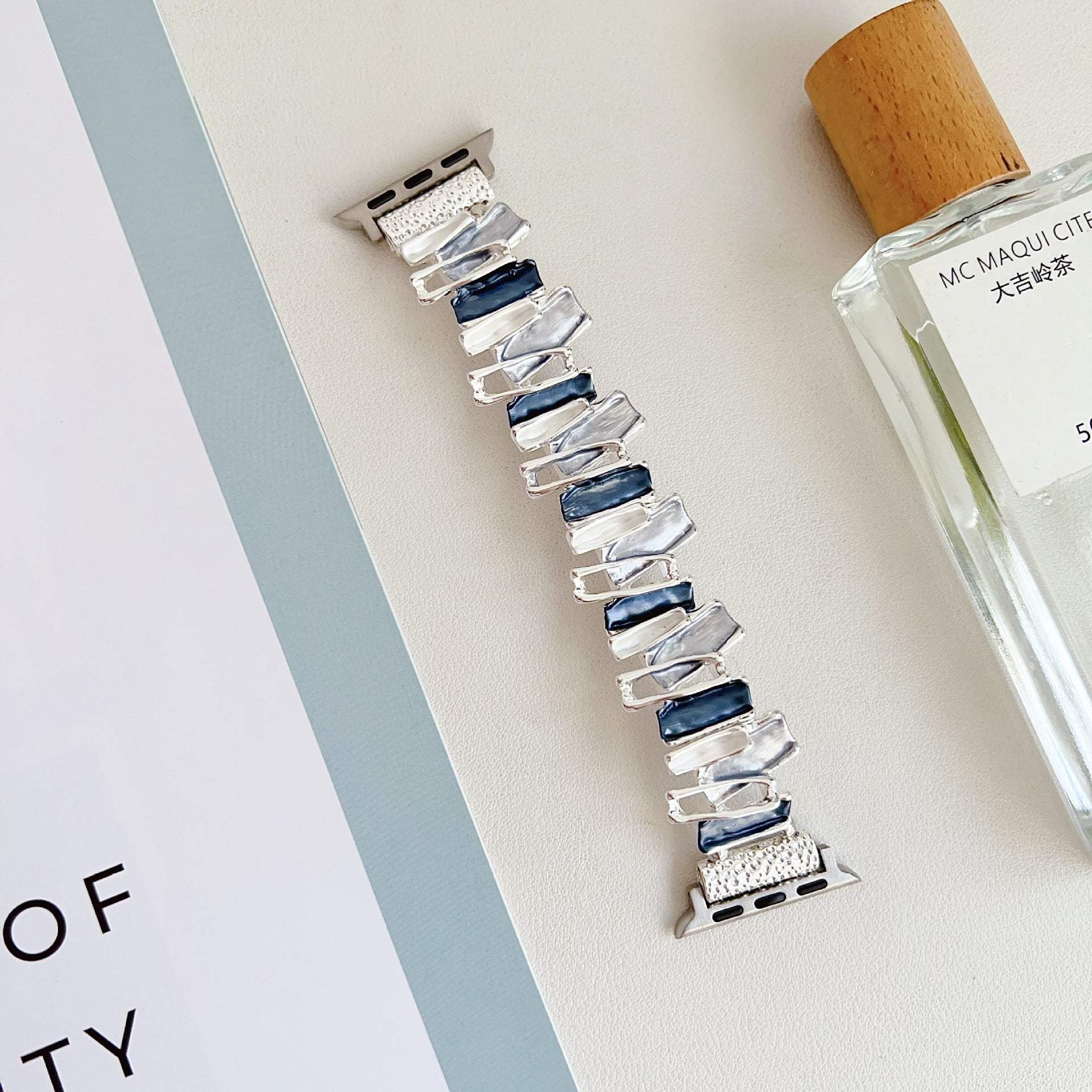 Dopamine Oil Painting metal stretch watch band in blue silver for Apple watches