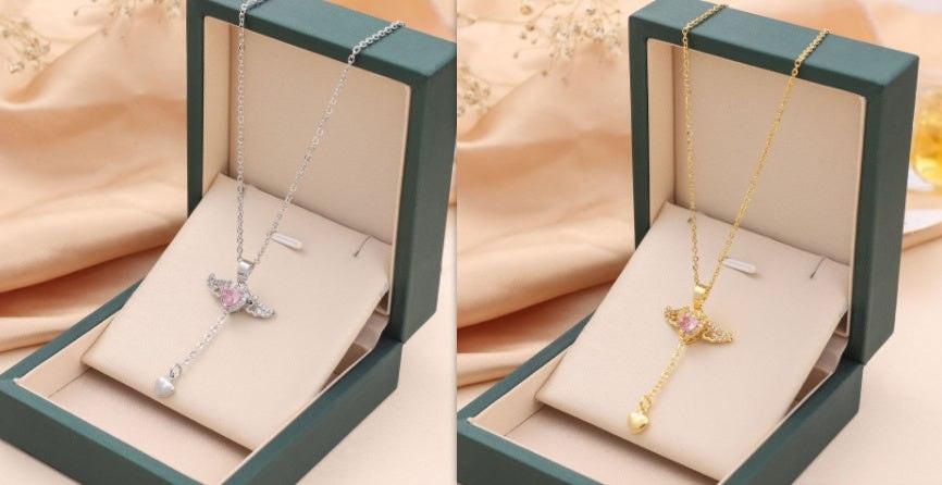 Moving Cupid Heart Ango Necklace with Angel Wings & Crystal