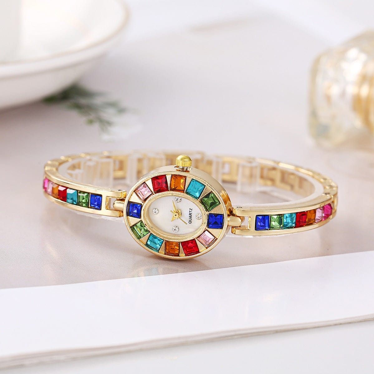 Small Oval Colorful Crystals Watch - Fashion Korean Style Quartz