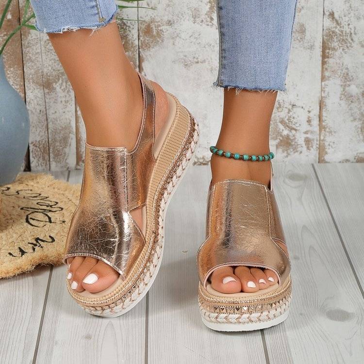 Women's summer shiny sandals with fish mouth design, buckle wedges, and hollow stylish PU upper in metallic color