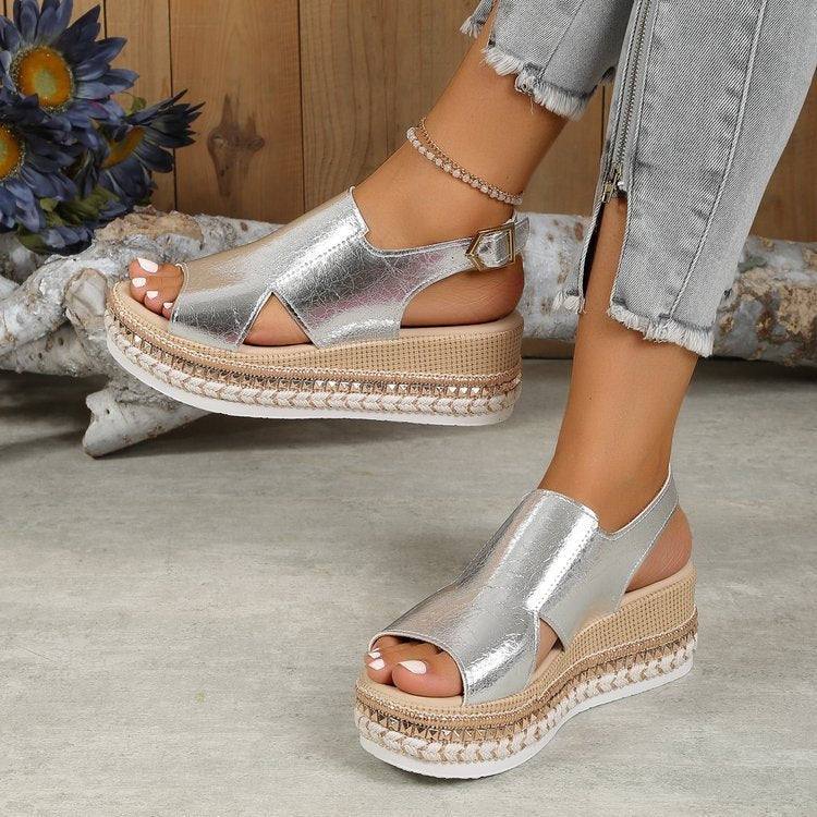 Silver shiny platform wedge sandals for women with fish mouth toe and buckle strap, summer fashion shoes