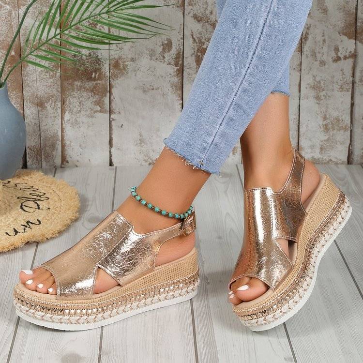 Summer shiny metallic gold wedge sandals for women with fish mouth toe and buckle strap design