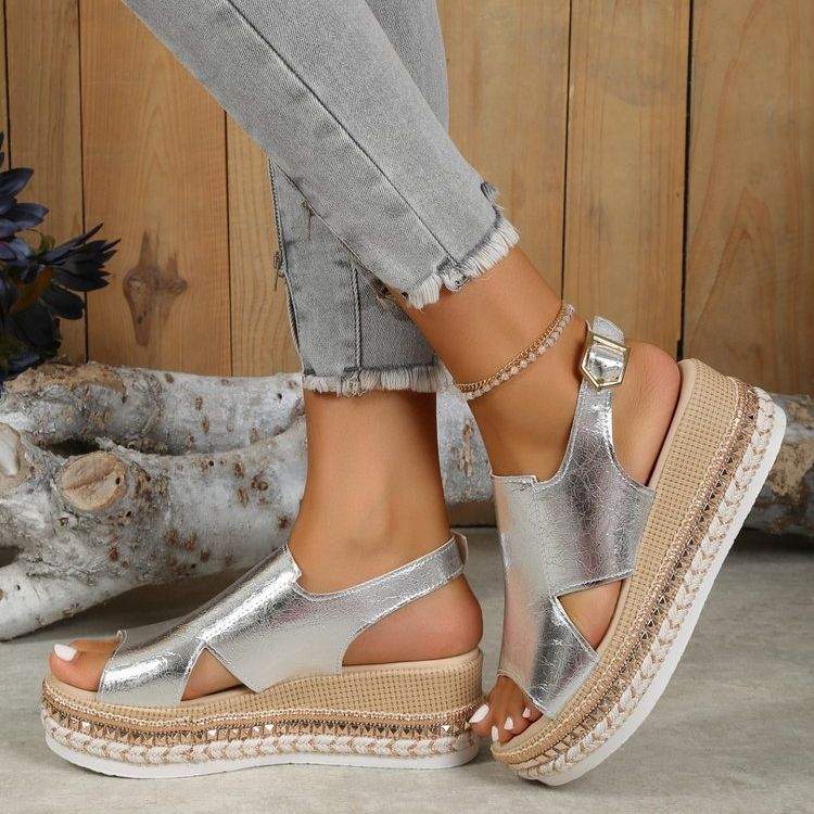 Summer shiny women's wedges sandals with fish mouth design and buckle strap in silver color