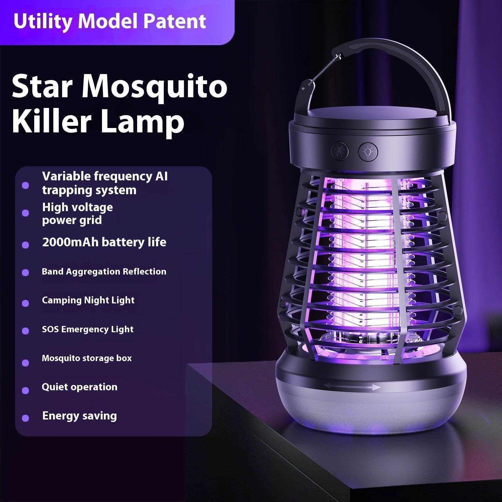 2in1 mosquito killer lamp electric fly catcher with USB rechargeable battery, night light, SOS emergency light, and quiet operation.
