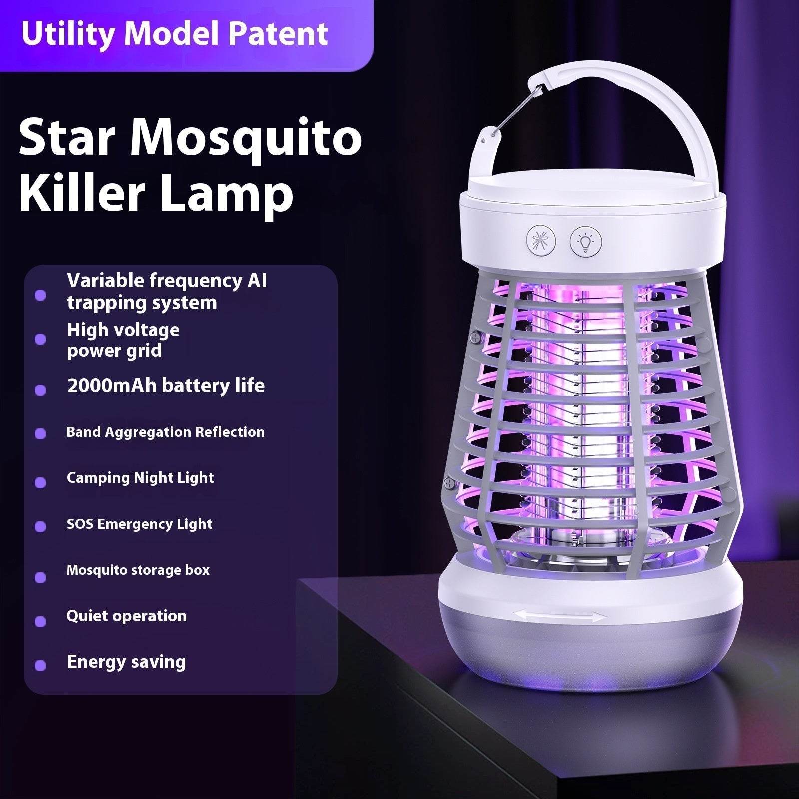 2in1 mosquito killer lamp electric fly catcher with USB rechargeable battery, camping night light, and SOS emergency light in white color