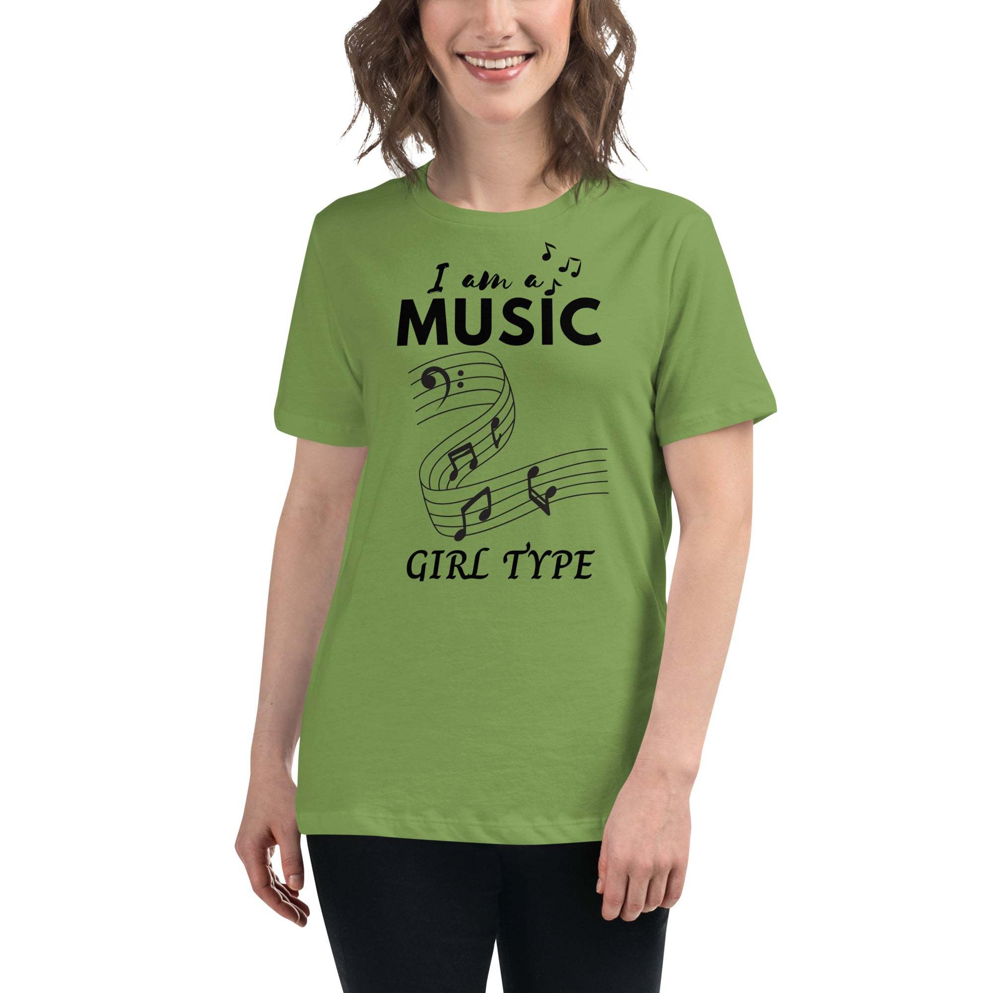 Green Music Girl T-Shirt with playful musical notes graphic and text "I am a Music Girl Type" worn by smiling woman