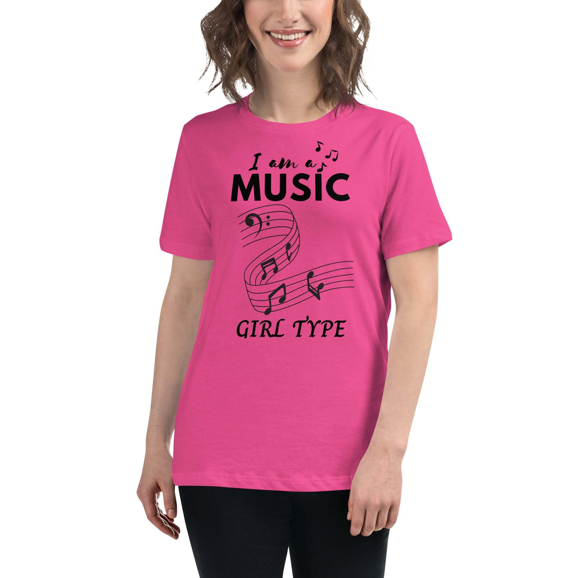 Woman wearing pink Music Girl T-Shirt with musical notes graphic and text "I am a music girl type"