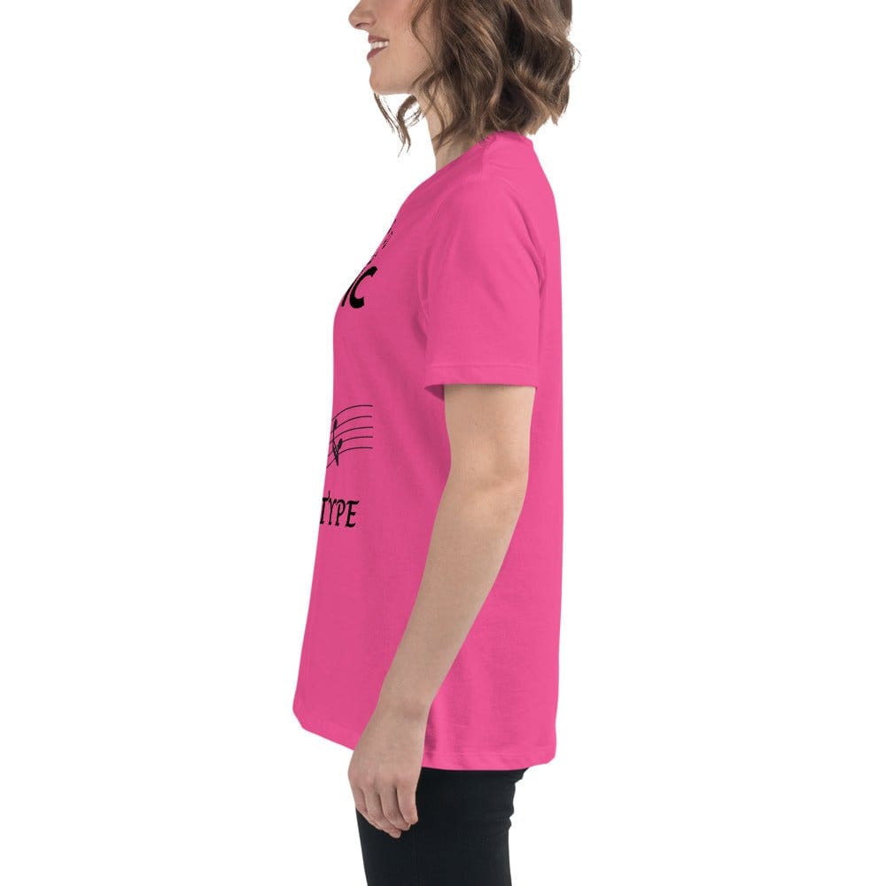 Side view of a woman wearing a bright pink Music Girl T-Shirt with a playful musical notes graphic, styled casually.