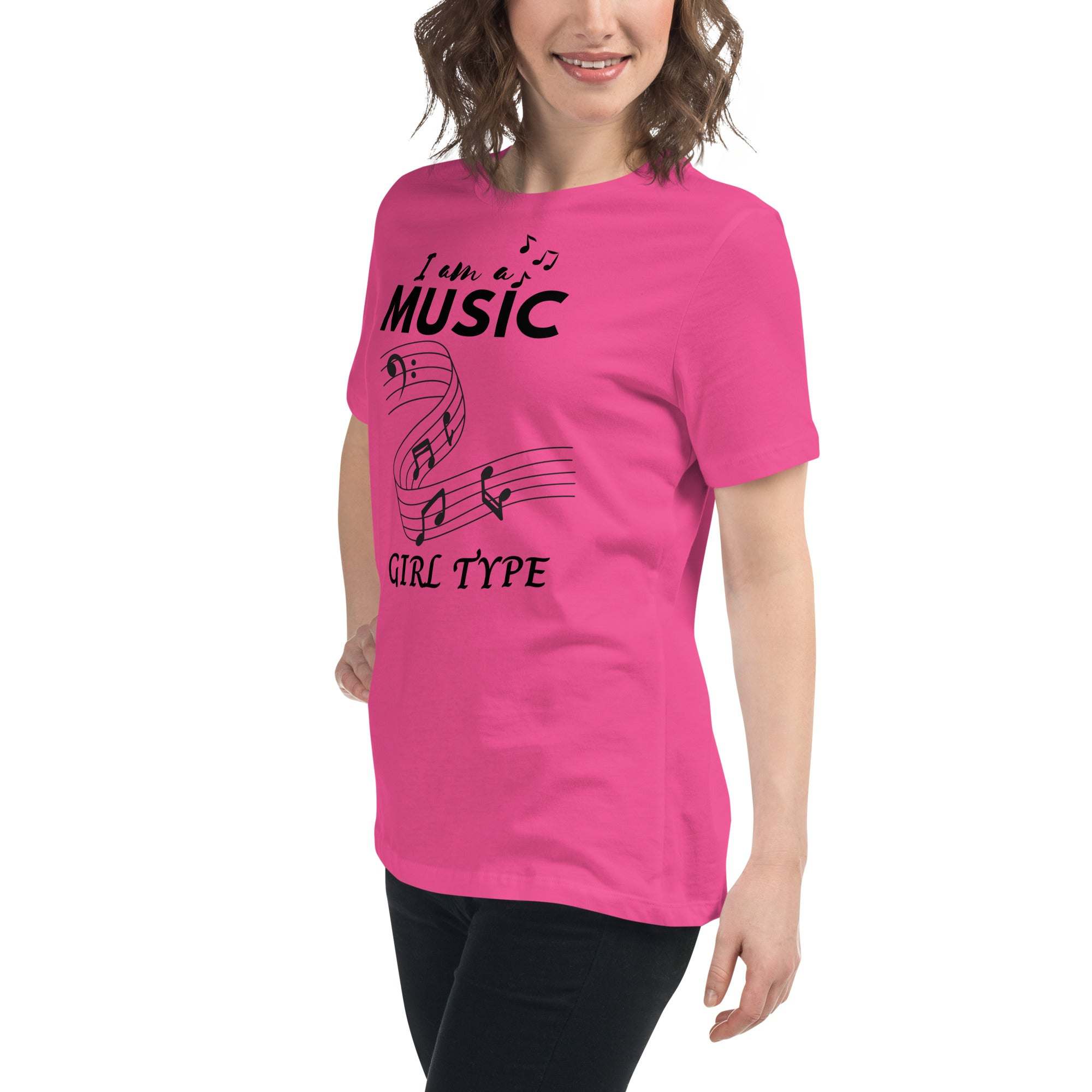 Woman wearing a pink Music Girl T-Shirt with playful musical notes graphic and text "I am a MUSIC GIRL TYPE"