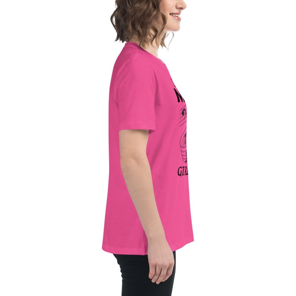 Side view of a woman wearing a bright pink Music Girl T-Shirt with playful musical notes graphic, perfect for music lovers and casual wear.