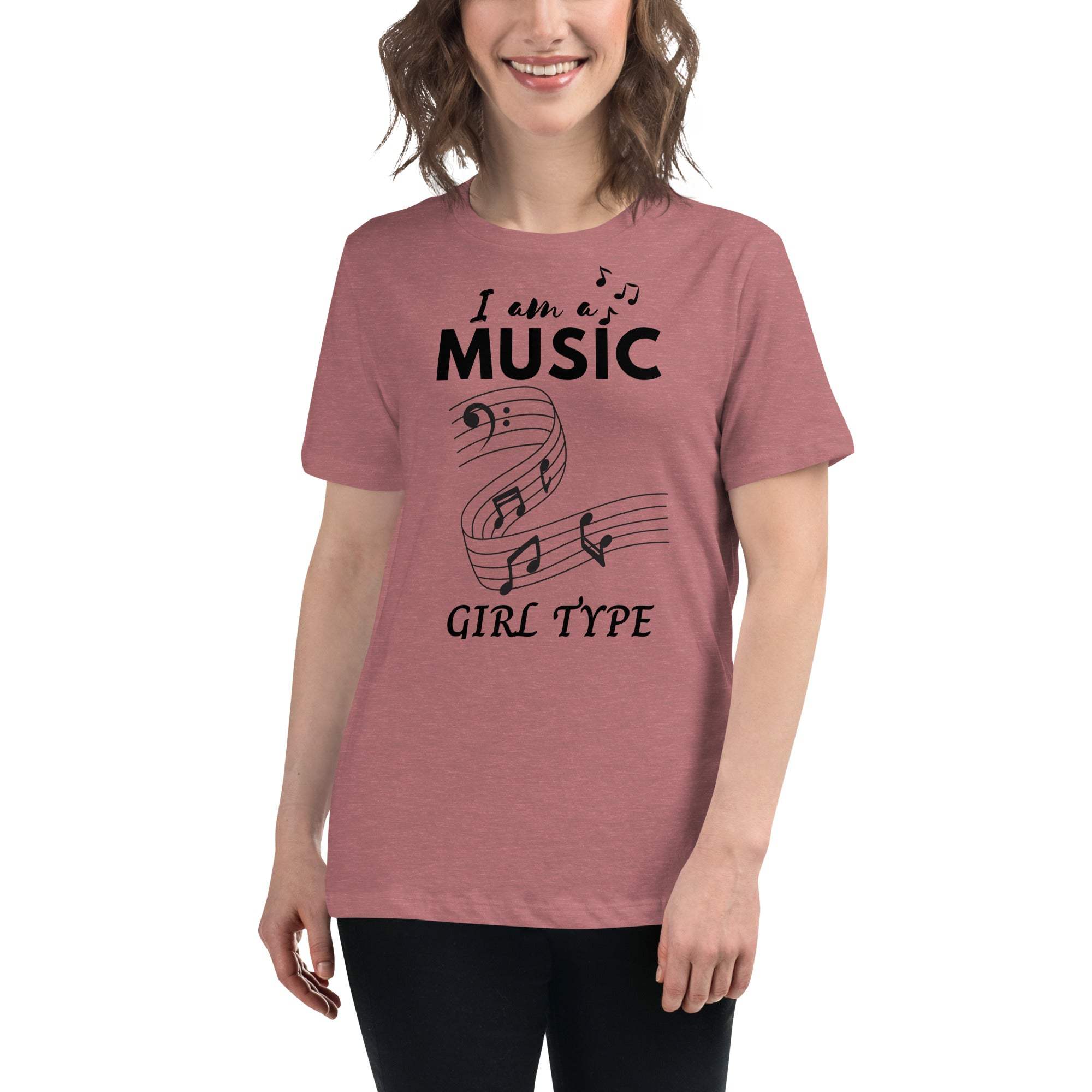 Woman wearing pink Music Girl T-Shirt with musical notes graphic and text "I am a music girl type"