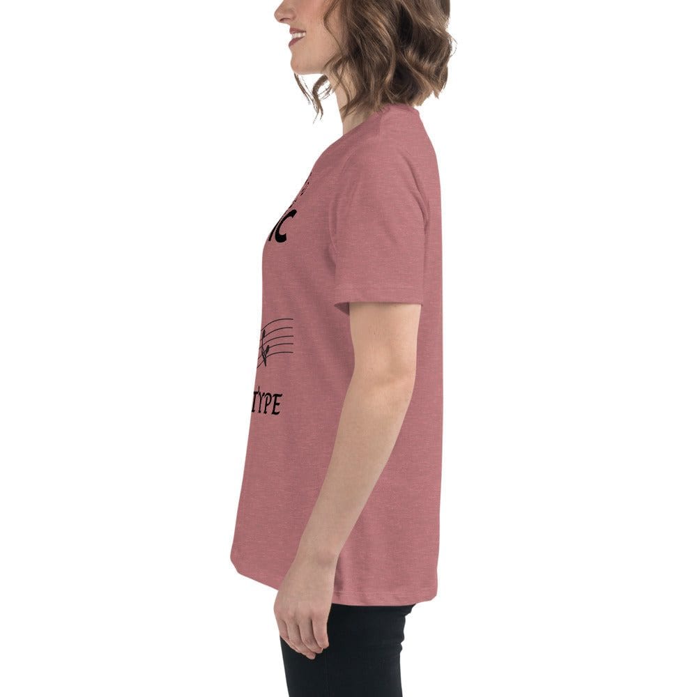 Side view of a woman wearing a pink Music Girl T-Shirt with musical notes graphic.