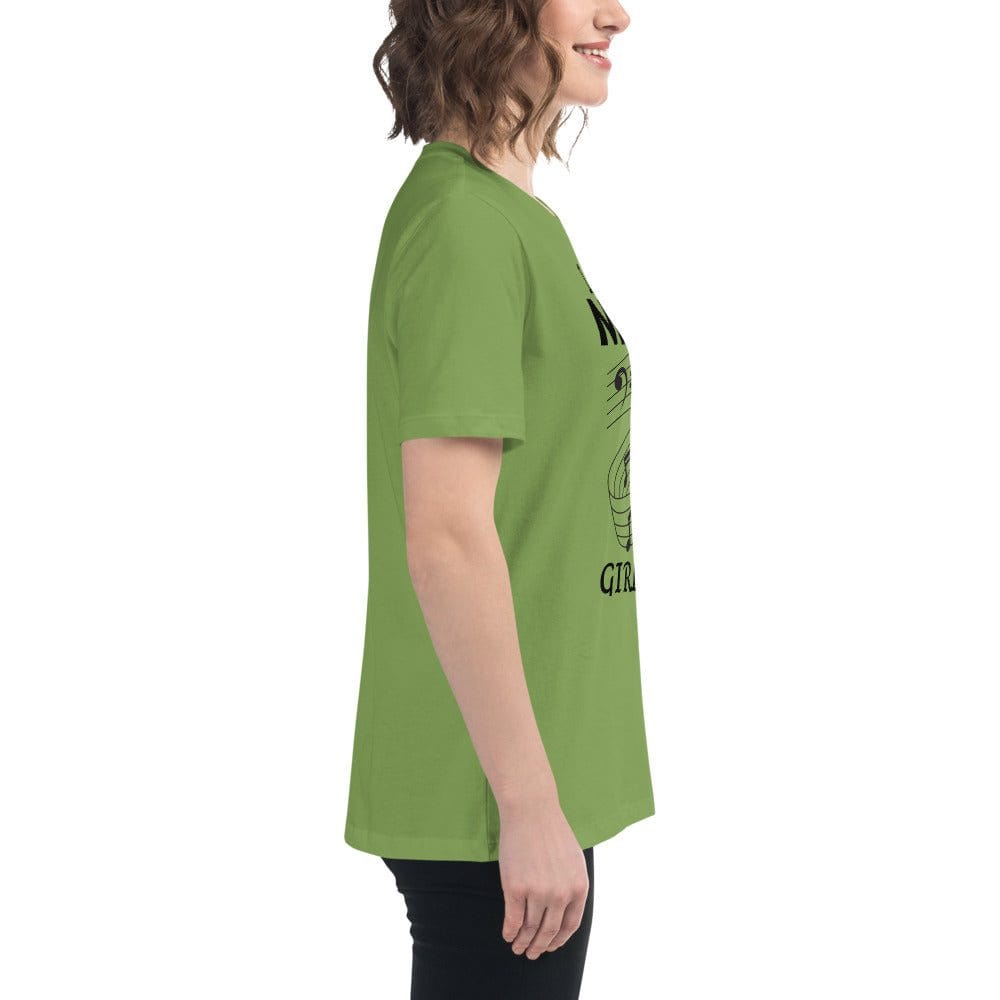 Side view of a woman wearing a green Music Girl T-Shirt with playful musical notes graphic and comfortable fit.