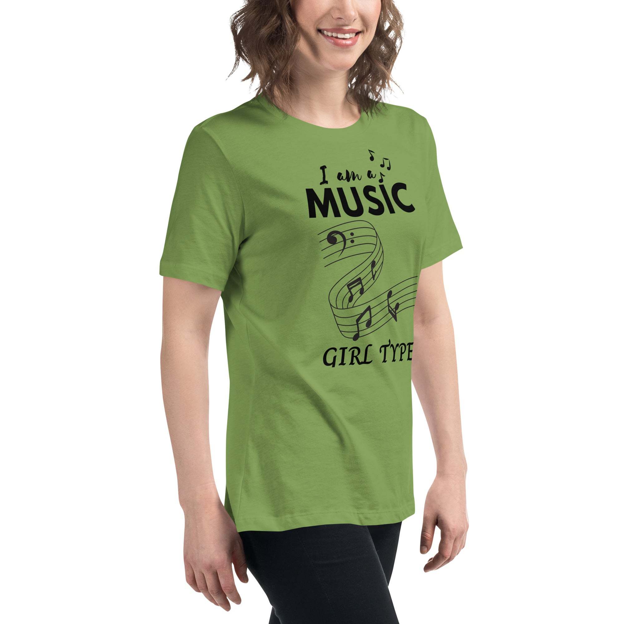 Green Music Girl T-Shirt with playful musical notes graphic and text, soft comfortable fabric, unisex style.