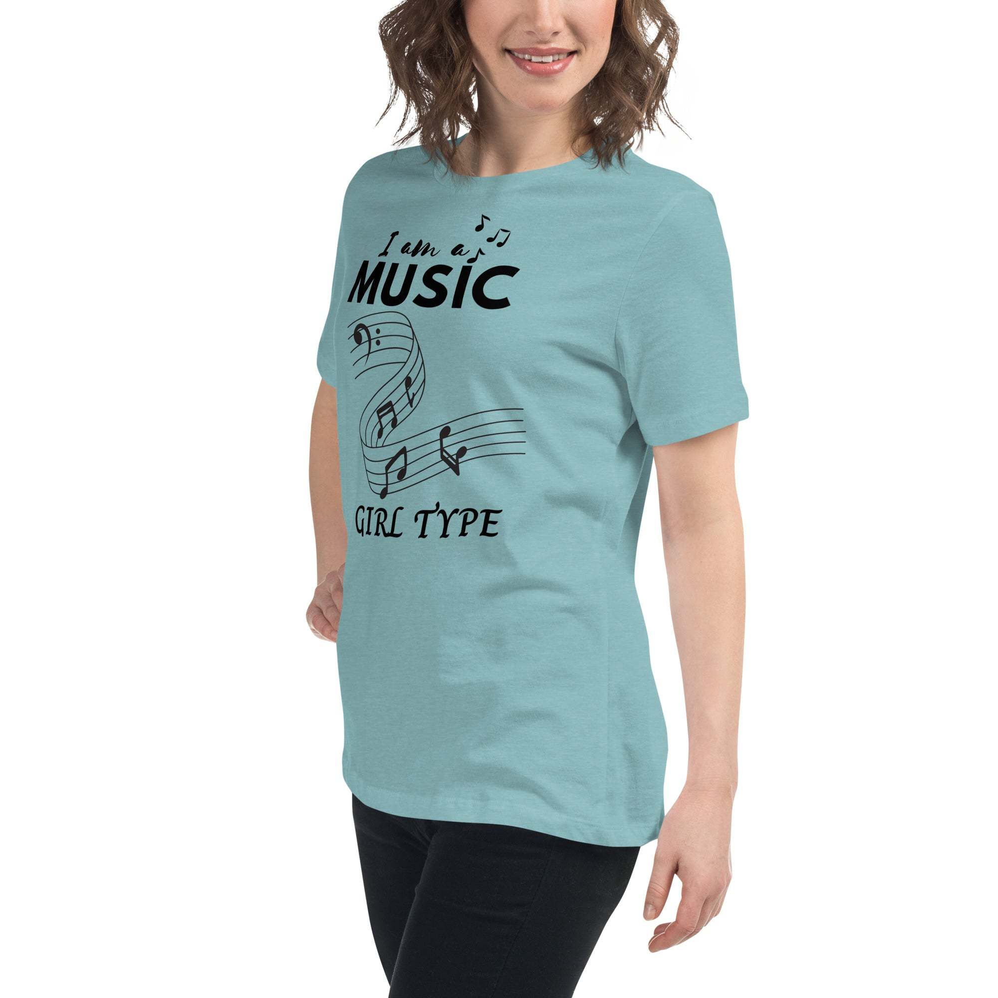 Woman wearing a light blue Music Girl T-Shirt with musical notes graphic and text design
