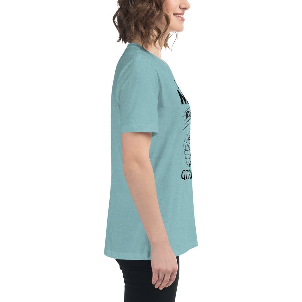 Side view of a woman wearing a light blue Music Girl T-Shirt with a playful musical notes graphic, showcasing the comfortable and casual fit.