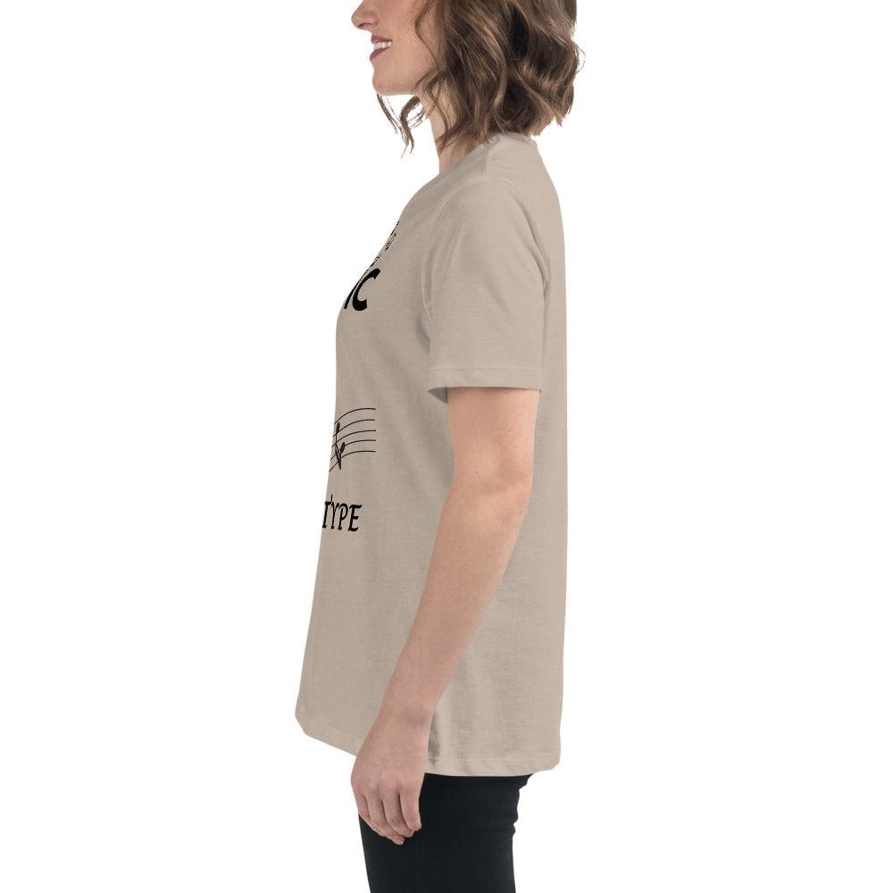 Side view of a woman wearing a beige Music Girl T-Shirt with musical notes graphic and casual fit