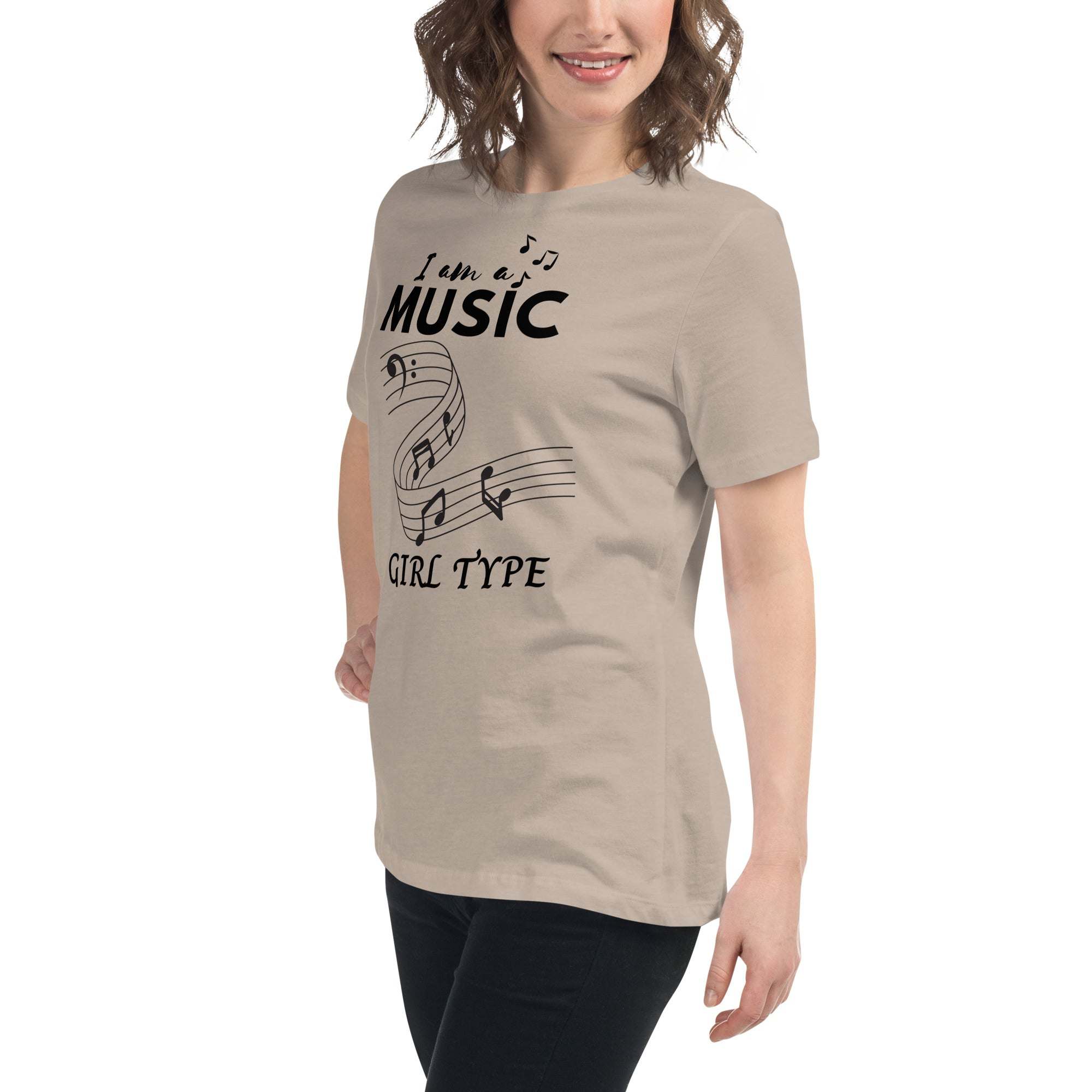 Woman wearing beige Music Girl T-Shirt with musical notes graphic and text design