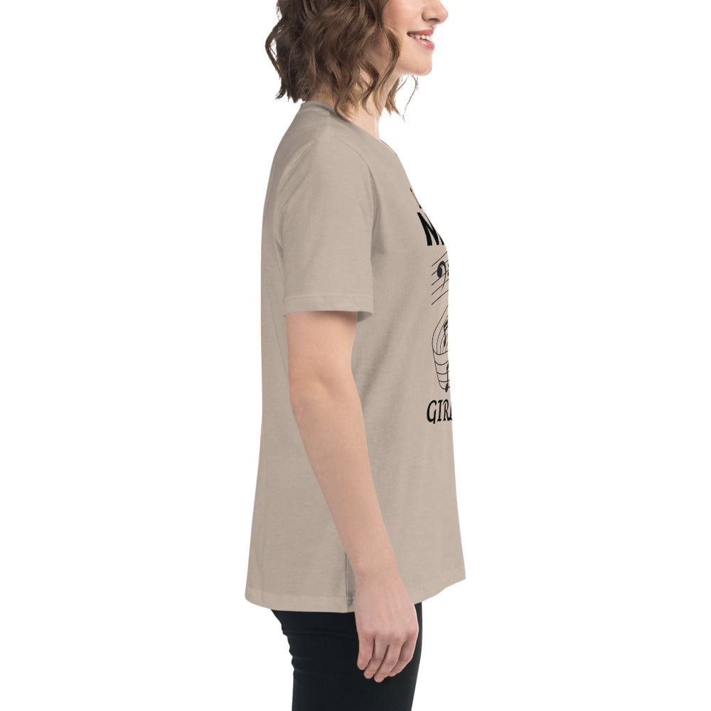 Side view of a woman wearing a beige Music Girl T-Shirt with a playful musical notes graphic design