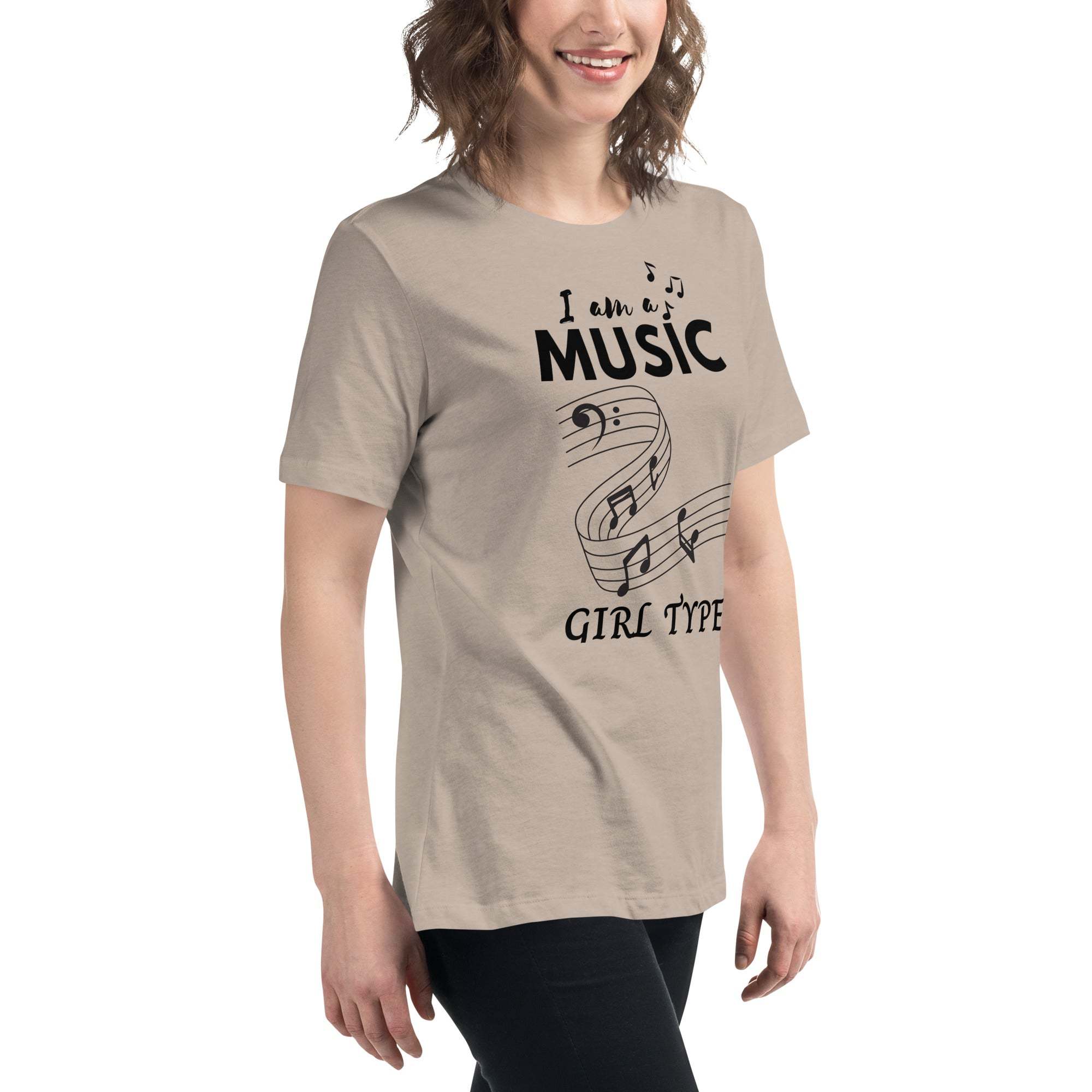 Woman wearing beige Music Girl T-Shirt with musical notes graphic and text design