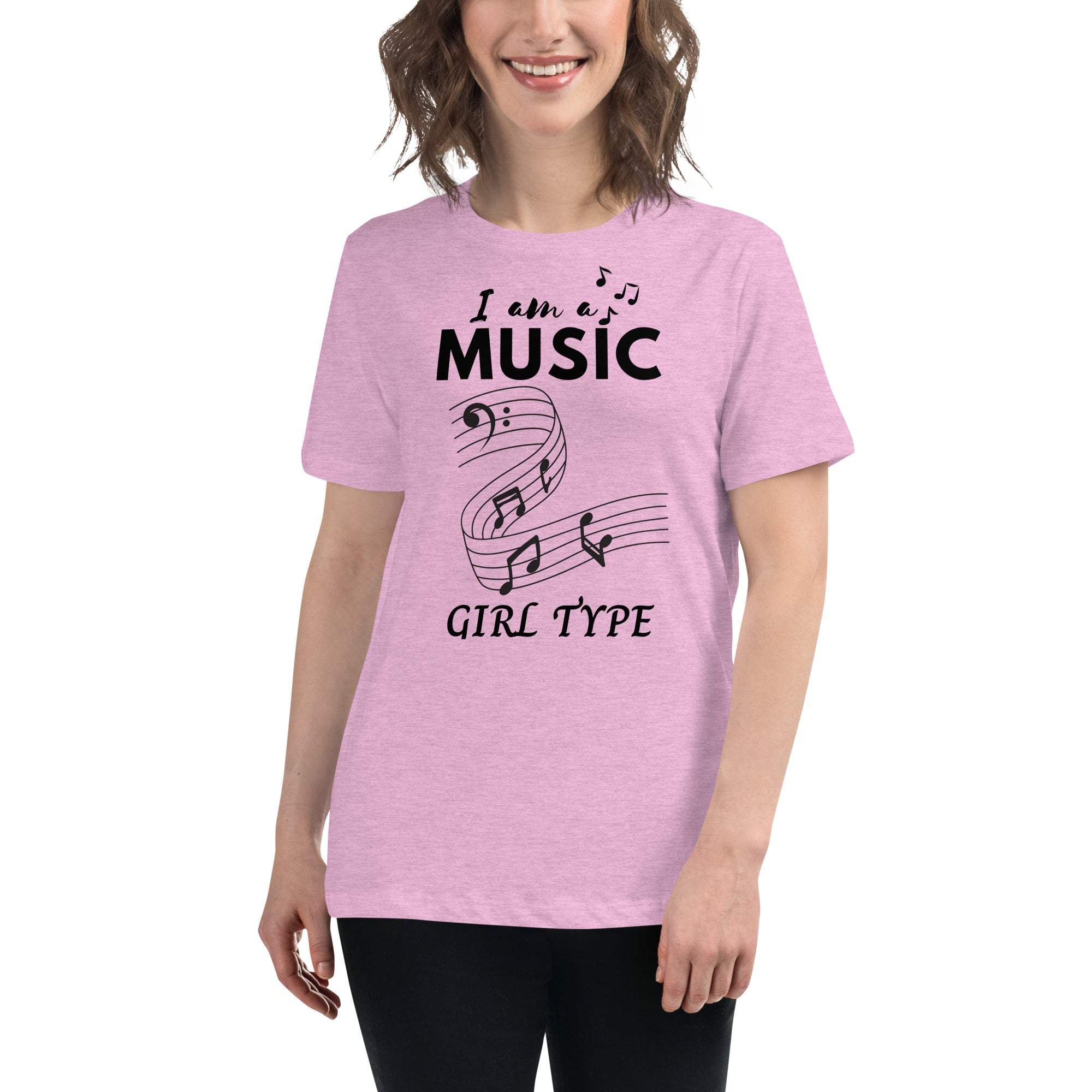 Woman wearing a pink Music Girl T-Shirt with black musical notes and text design.